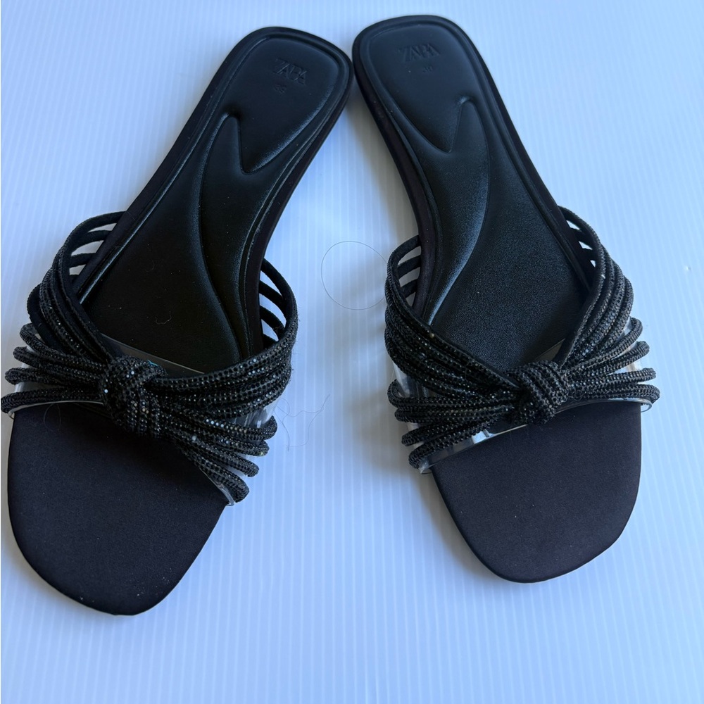 Zara Black Knotted Bead Strap Slide Sandals - Women's size 39